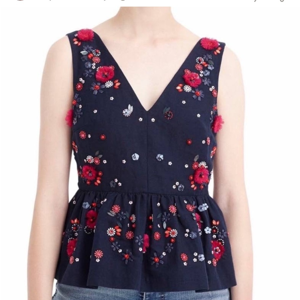 J.Crew navy embellished linen & cotton peplum top NWT Sz 2-6